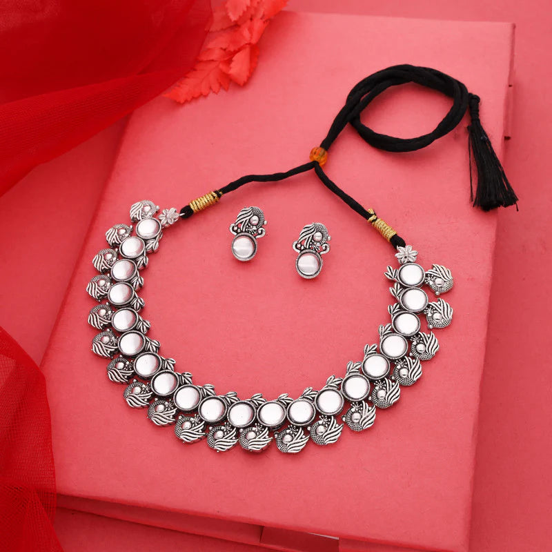 Tehzeeb Creation Silver Plated White Colour Stone Jewellery Choker Necklace set with Matching Pair of stud Earrings THZ151