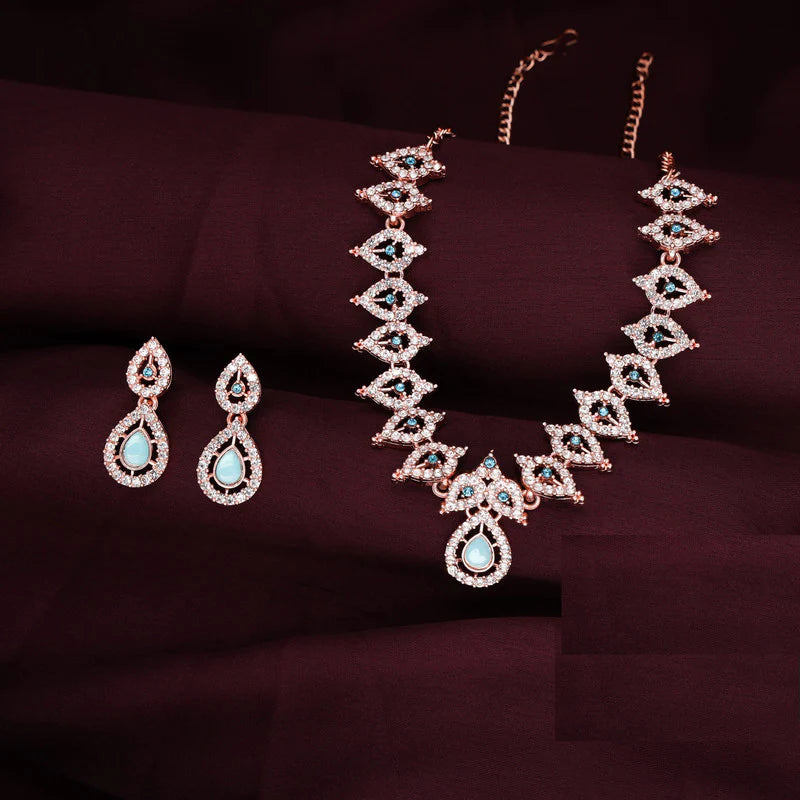 Tehzeeb Creation Sky Blue Colour AD Studded Necklace Jewellery set with Matching Earrings for women and Girls THZ157
