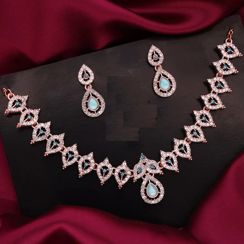 Tehzeeb Creation Sky Blue Colour AD Studded Necklace Jewellery set with Matching Earrings for women and Girls THZ157