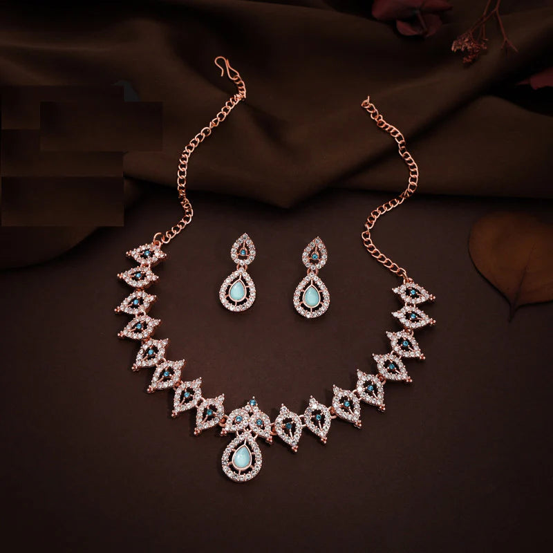 Tehzeeb Creation Sky Blue Colour AD Studded Necklace Jewellery set with Matching Earrings for women and Girls THZ157