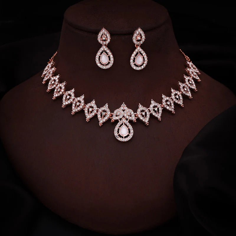 Tehzeeb Creation Baby Pink Colour AD Studded Necklace Jewellery set with Matching Earrings for women and Girls THZ158