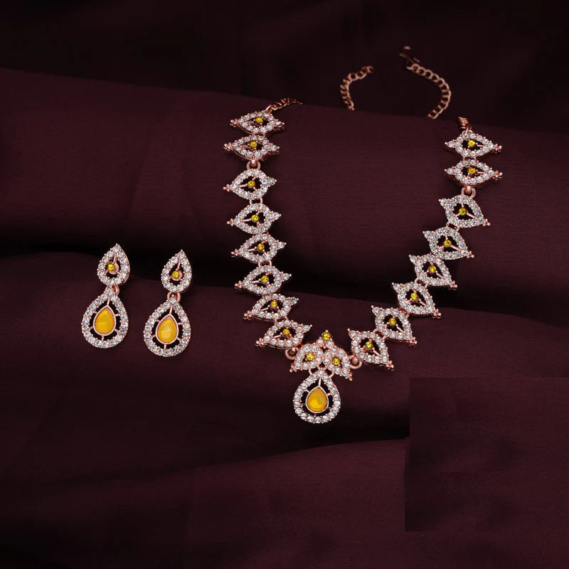 Tehzeeb Creation Yellow Colour AD Studded Necklace Jewellery set with Matching Earrings for women and Girls THZ159