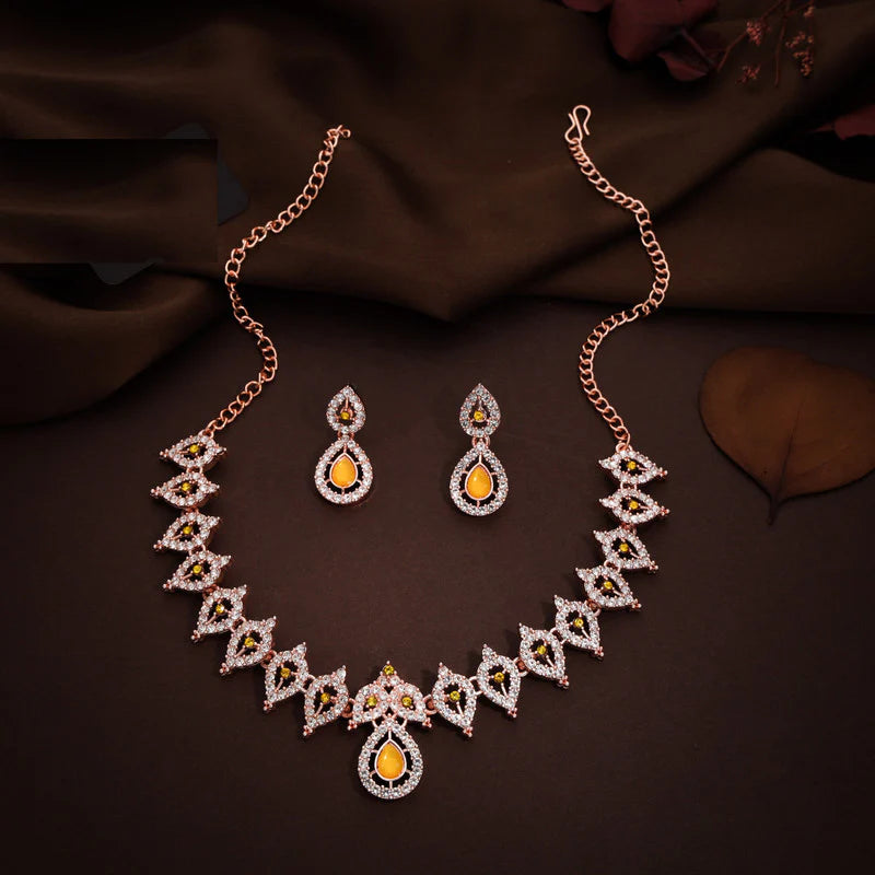 Tehzeeb Creation Yellow Colour AD Studded Necklace Jewellery set with Matching Earrings for women and Girls THZ159