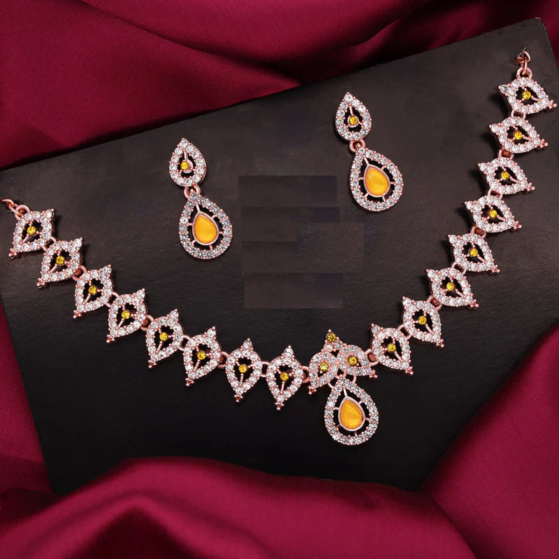 Tehzeeb Creation Yellow Colour AD Studded Necklace Jewellery set with Matching Earrings for women and Girls THZ159