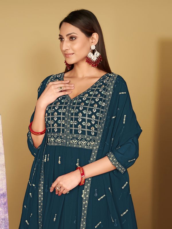 Aastha Turquoise Blue with Net top fabric Georgette Crepe Net Bottom fabric