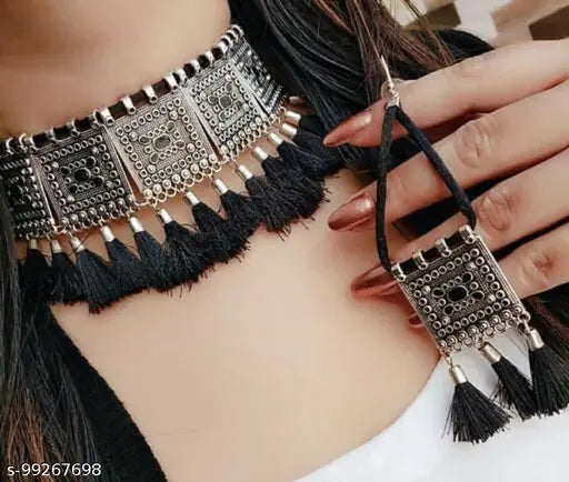 WOMENS SILVER COLOUR OXIDISED NACKLACE AND EARRINGS WITH BLACK YARN DESIGN  THZ015