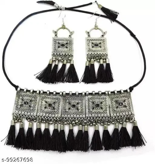 WOMENS SILVER COLOUR OXIDISED NACKLACE AND EARRINGS WITH BLACK YARN DESIGN  THZ015