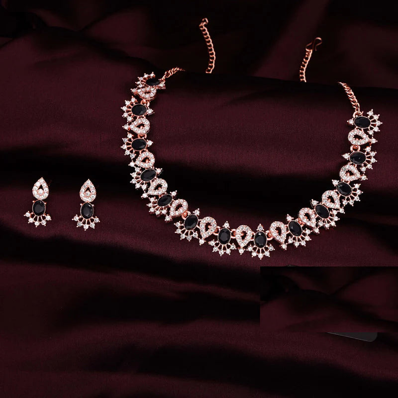 Tehzeeb Creation Black Colour AD Studded Necklace Jewellery set with Matching Earrings for women and Girls THZ161