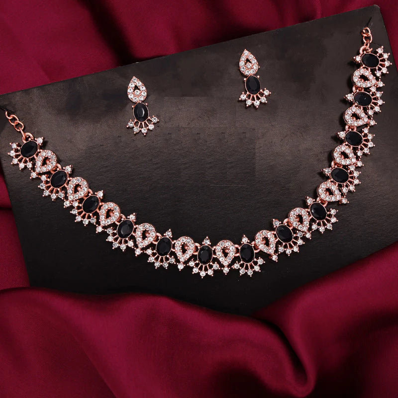 Tehzeeb Creation Black Colour AD Studded Necklace Jewellery set with Matching Earrings for women and Girls THZ161