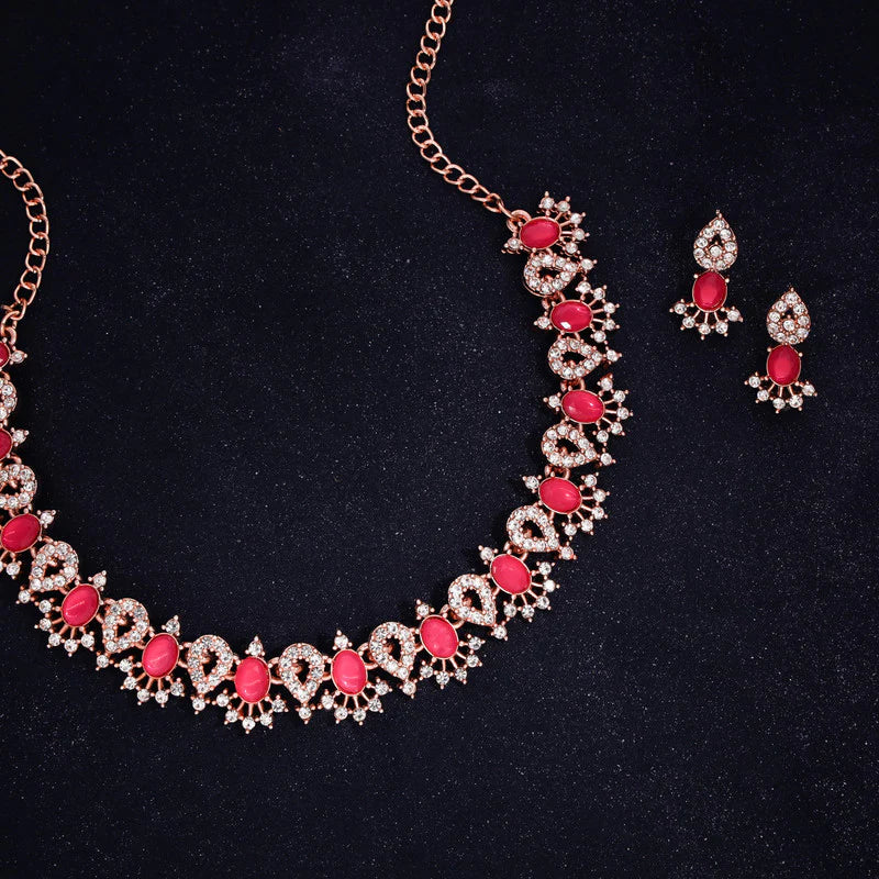 Tehzeeb Creation Red Colour AD Studded Necklace Jewellery set with Matching Earrings for women and Girls THZ166
