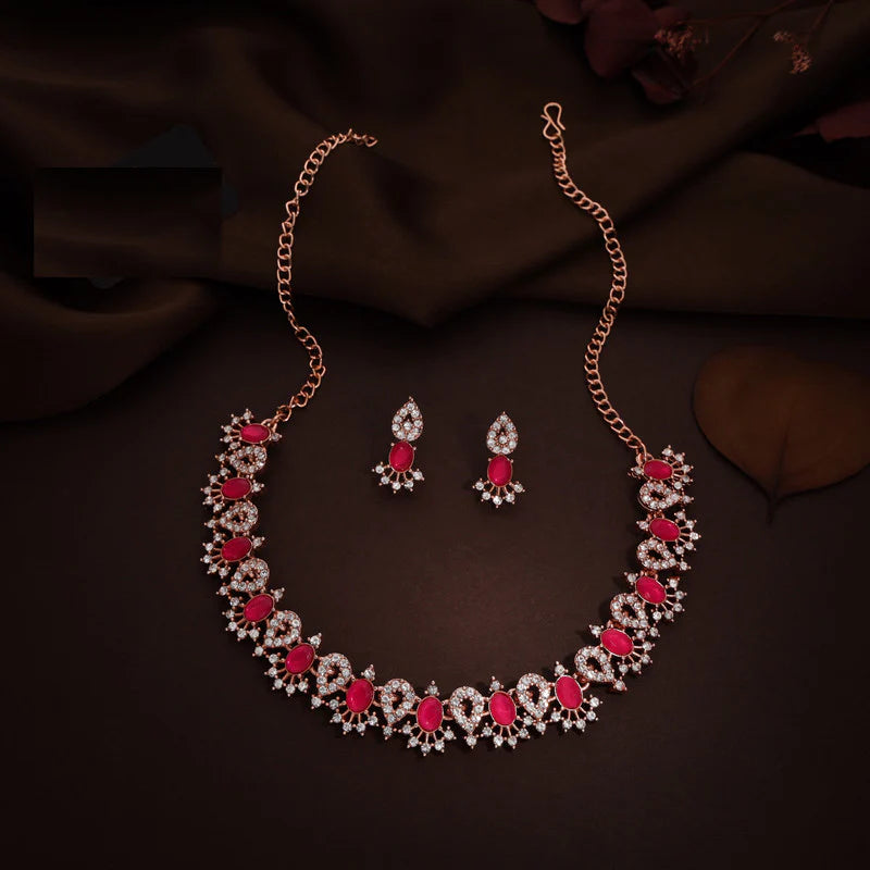 Tehzeeb Creation Pink Colour Diamond Choker Necklace Jewellery set with Matching Pair of Earrings for Women and Girls - Perfect For Wedding Party & Festival  THZ152