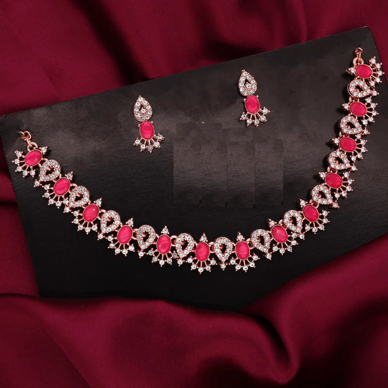 Tehzeeb Creation Red Colour AD Studded Necklace Jewellery set with Matching Earrings for women and Girls THZ166
