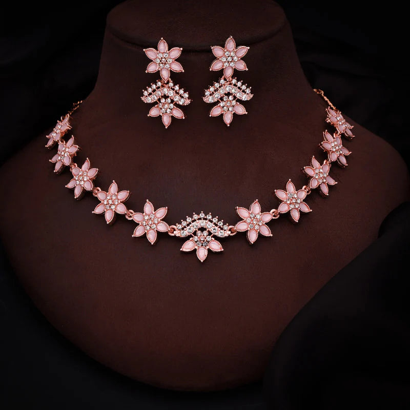 Tehzeeb Creation Baby Pink colour star design stone studded nacklace with earrings   THZ174