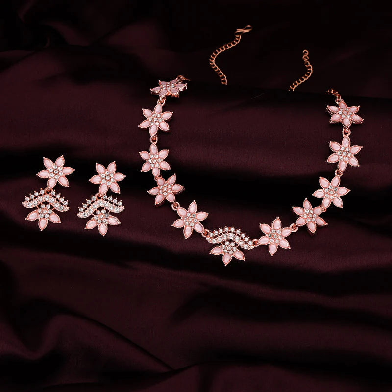 Tehzeeb Creation Baby Pink colour star design stone studded nacklace with earrings   THZ174