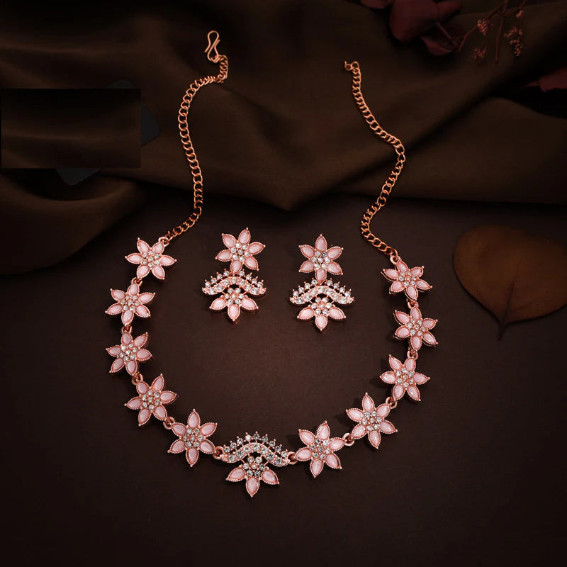 Tehzeeb Creation Baby Pink colour star design stone studded nacklace with earrings   THZ168