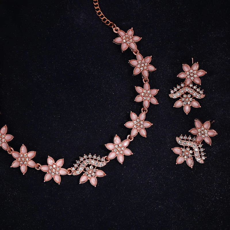 Tehzeeb Creation Baby Pink colour star design stone studded nacklace with earrings   THZ174
