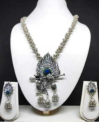 WOMENS SILVER COLOUR OXIDISED NACKLACE AND EARRING BANSURI DESIGN  THZ016