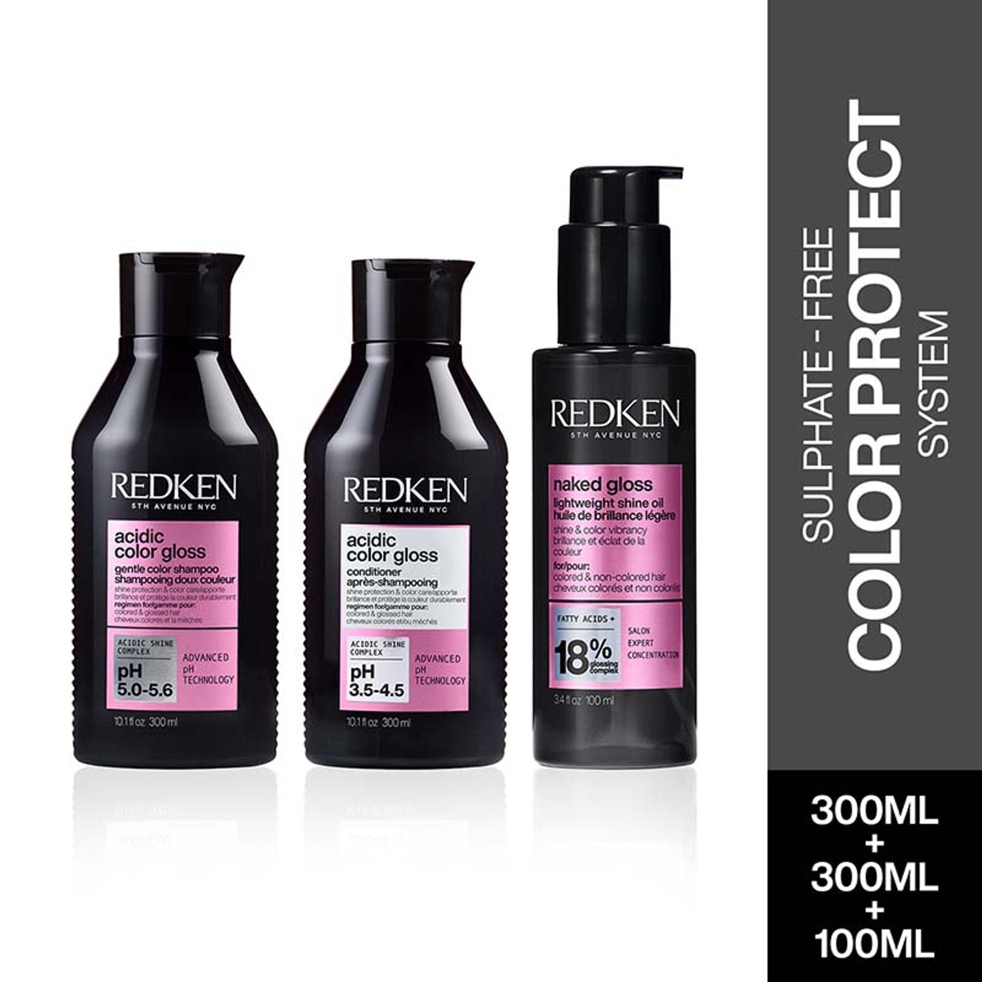Redken Glossy Hair Combo-Acidic Colour Gloss Sulphate-Free Shampoo, Conditioner & Naked Gloss Serum