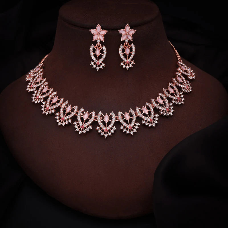 Tehzeeb Creation Baby Pink colour sparkle stone studded nacklace with earrings   THZ175