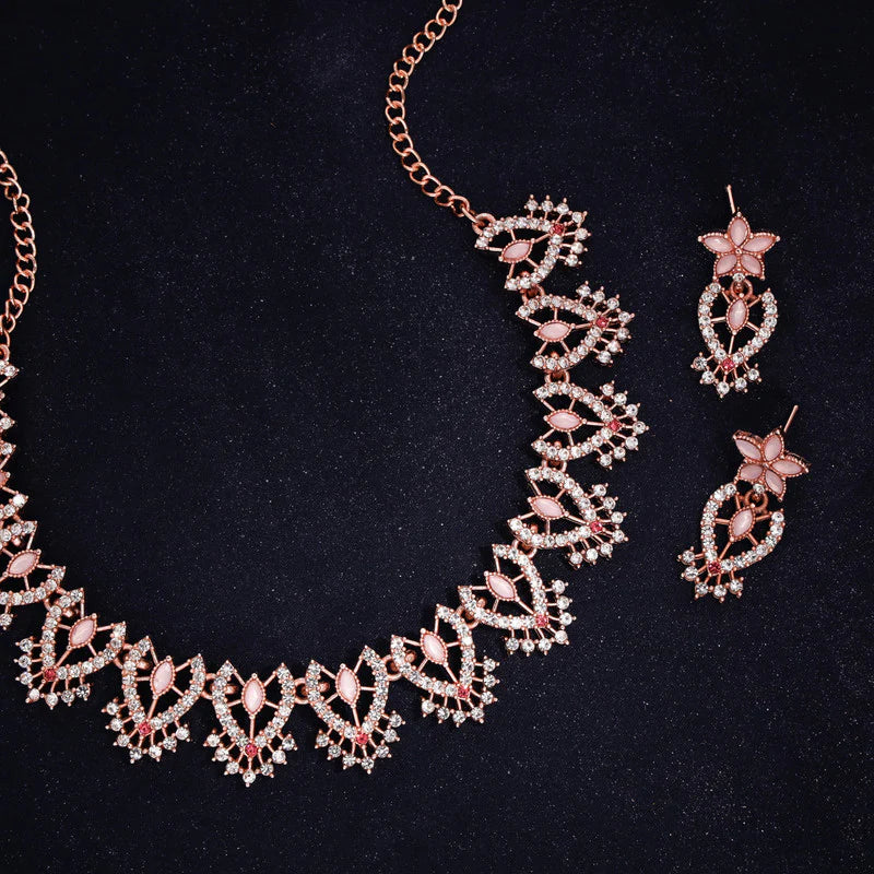 Tehzeeb Creation Baby Pink colour sparkle stone studded nacklace with earrings   THZ175