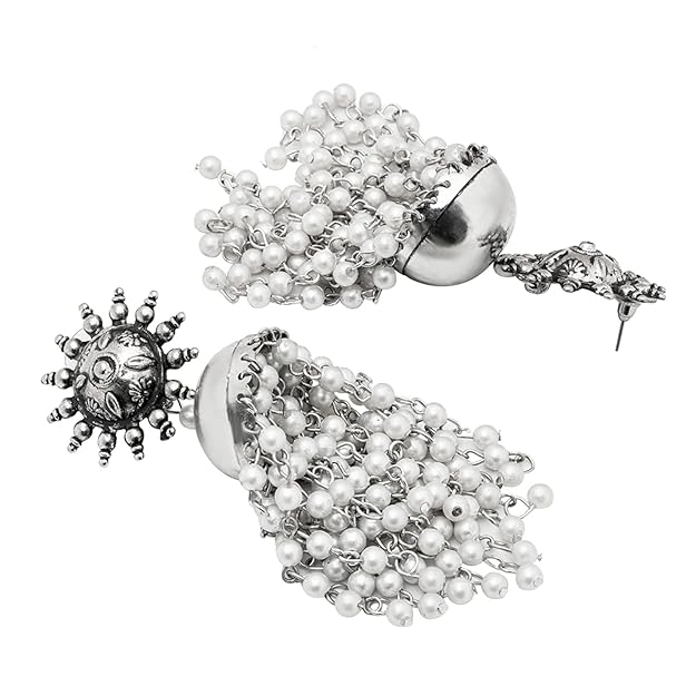 WOMENS SILVER COLOUR OXIDISED EARRINGS WITH WHITE PEARL    THZ 017