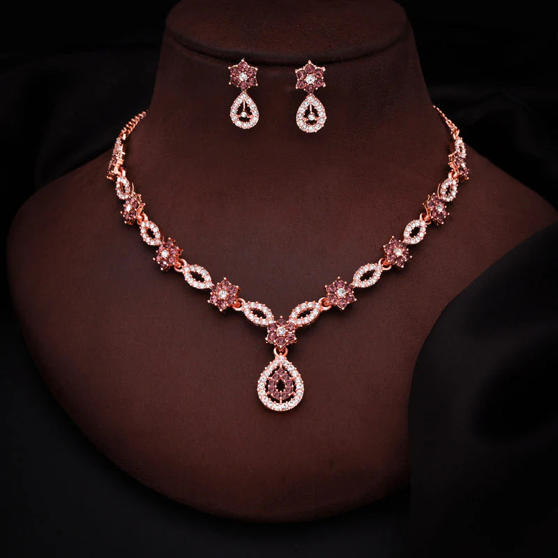 Tehzeeb Creation Elegant rosegold polished American Diamond (AD) studded necklace and earring set for women  THZ180