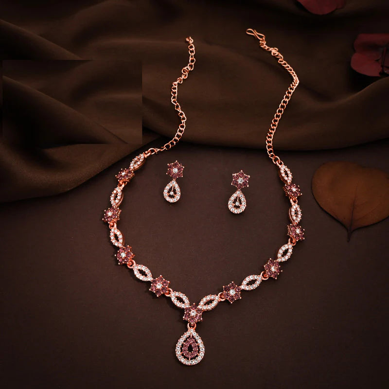 Tehzeeb Creation Elegant Pink polished American Diamond (AD) studded necklace and earring set for women  THZ182