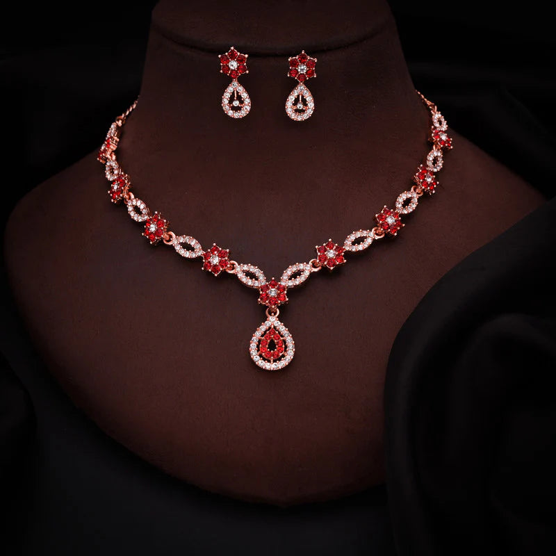 Tehzeeb Creation Elegant Red polished American Diamond (AD) studded necklace and earring set for women  THZ183