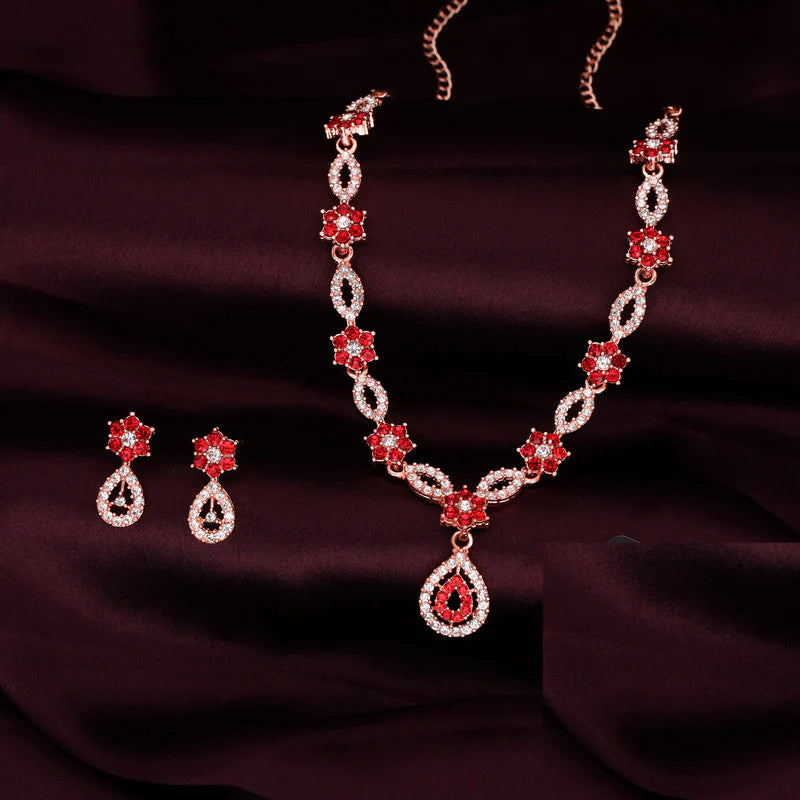 Tehzeeb Creation Elegant Red polished American Diamond (AD) studded necklace and earring set for women  THZ183