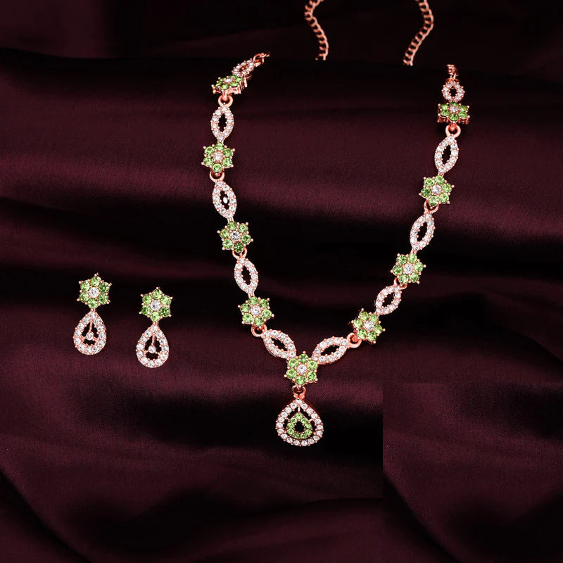 Tehzeeb Creation See Green Colour AD Studded Necklace Jewellery set with Matching Earrings for women and Girls THZ167
