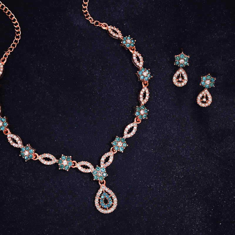 Tehzeeb Creation Elegant Sky Bluepolished American Diamond (AD) studded necklace and earring set for women  THZ185