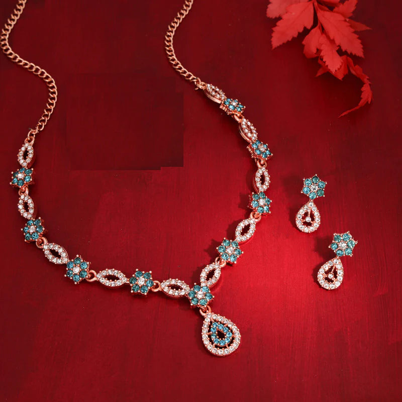 Tehzeeb Creation Elegant Sky Bluepolished American Diamond (AD) studded necklace and earring set for women  THZ185