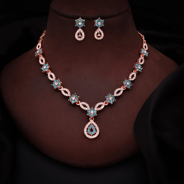 Tehzeeb Creation Blue Colour AD Studded Necklace Jewellery set with Matching Earrings for women and Girls THZ162