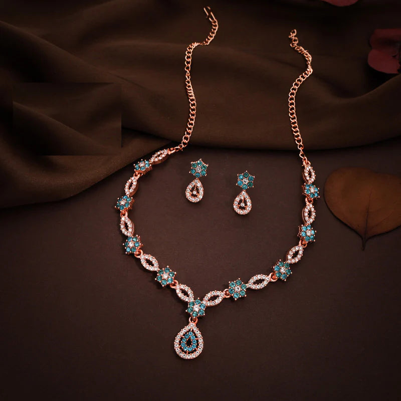 Tehzeeb Creation Blue Colour AD Studded Necklace Jewellery set with Matching Earrings for women and Girls THZ162