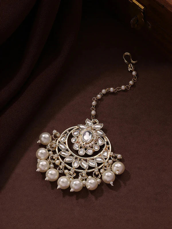 Tehzeeb Creation Gold Plated Traditional Chandbali Drop Kundan & Pearl Earring with Tika for Women  THZ188