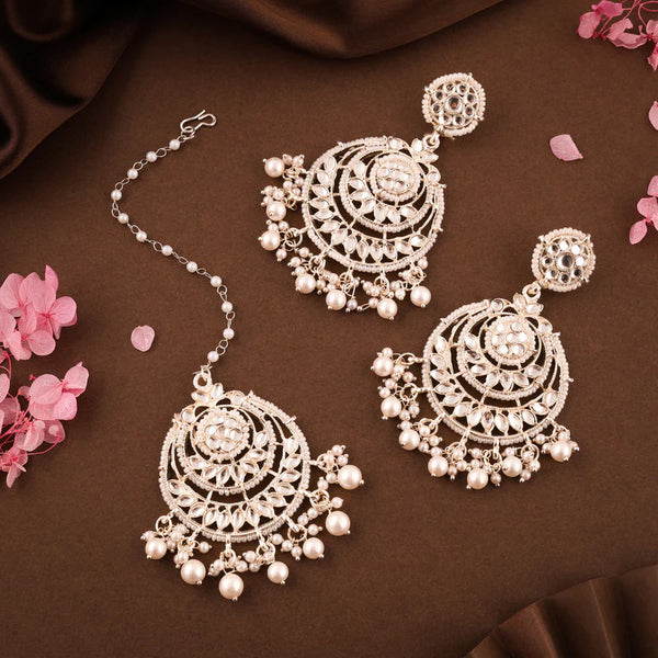 Tehzeeb Creation Gold Plated Traditional Chandbali Drop Kundan & Pearl Earring with Tika for Women  THZ188