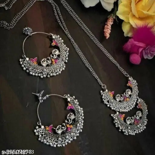 WOMENS SILVER COLOUR OXIDISED NACKLACE AND EARRINGS WITH PEACOCK DESIGN  THZ018