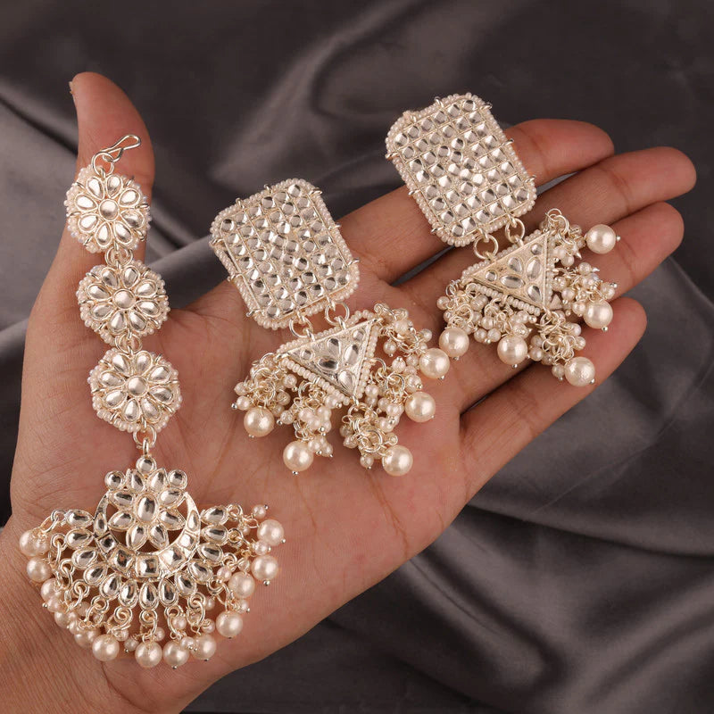 Tehzeeb Creation WHITE GOLD TRANDING  STYLE DROP & DANGLERS EARRING with tika FOR GIRLS & WOMEN Diamond, Pearl Brass Drops   THZ190