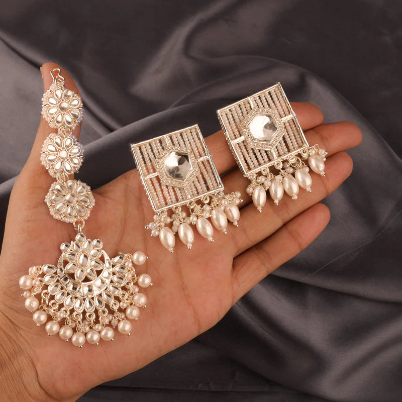 Tehzeeb Creation white gold Square shape earrings with Tika  THZ192