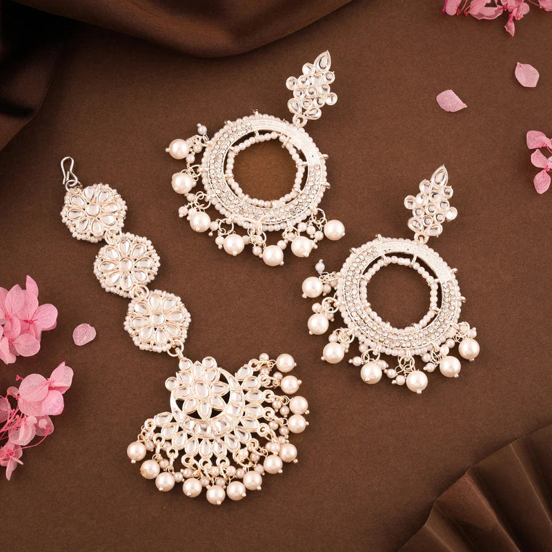 Tehzeeb Creations Gold Drop & Danglers Earring With Tikka For Women & Girls Diamond, Pearl Brass Drops & Danglers
