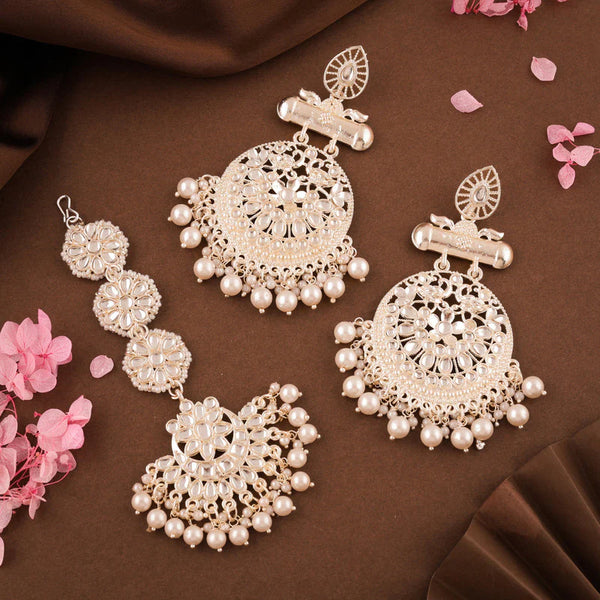 Tehzeeb Creation Fashionable gold earrings and Tika studded with kundan and pearl  THZ194