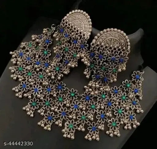 WOMENS SILVER COLOUR OXIDISED NACKLACE AND EARRING WITH MULTY BEADS   THZ019