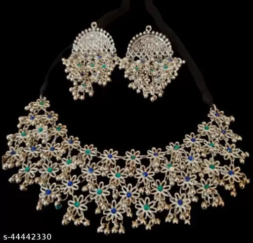 WOMENS SILVER COLOUR OXIDISED NACKLACE AND EARRING WITH MULTY BEADS   THZ019