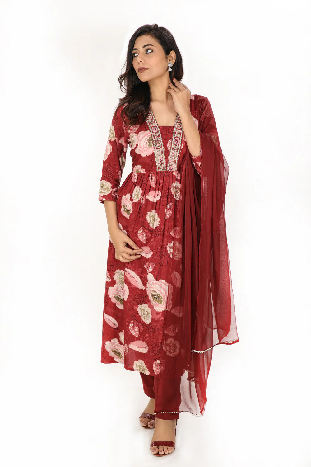 Suvesha Nyra Cut Straight Suit Set With Dupatta - Wine Red