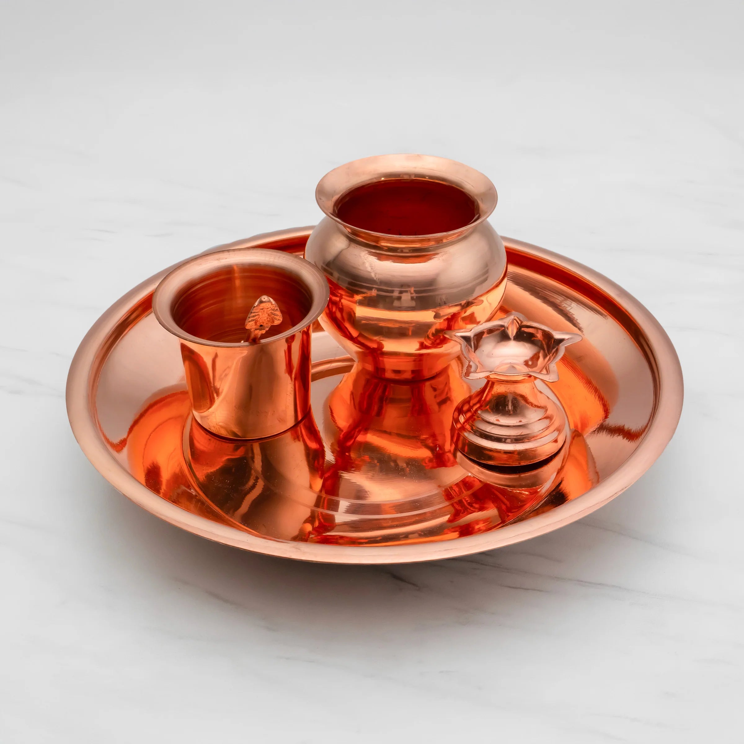 Health Smith Pure Copper Pooja Thali Set - 5 Items | Pooja Thali Set with 1 Plate, 1 Kalash, 1 Fullpatra, 1 Pali, and 1 Niranjan