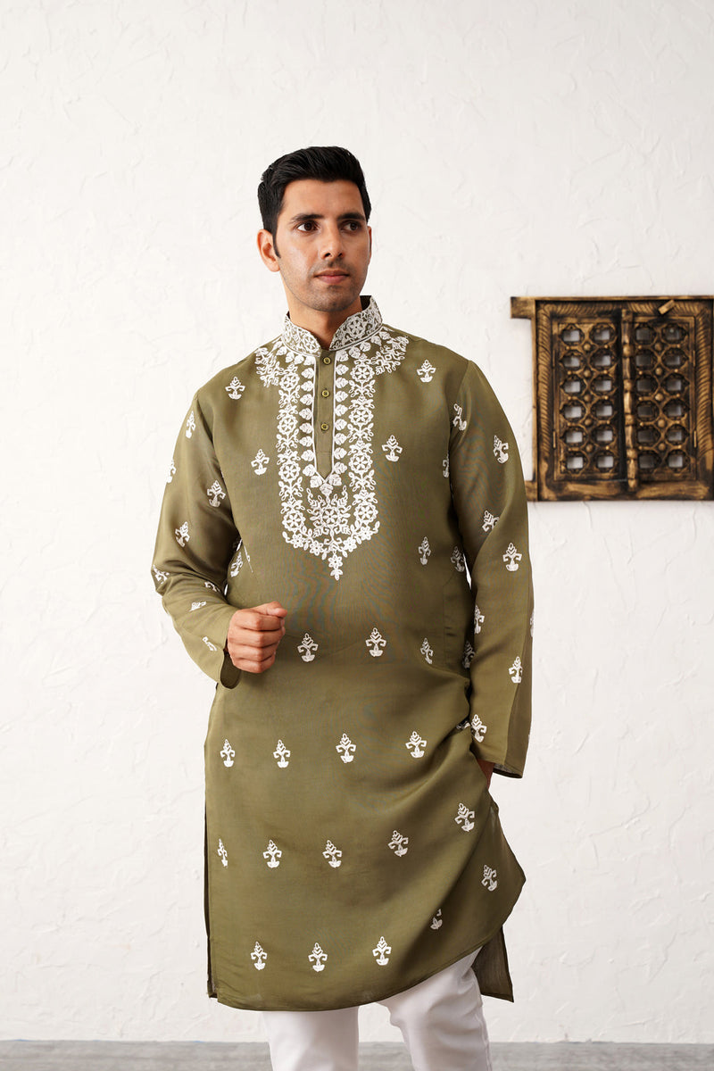 Men's Olive Chikankari Embroidered Kurta With Pyjama