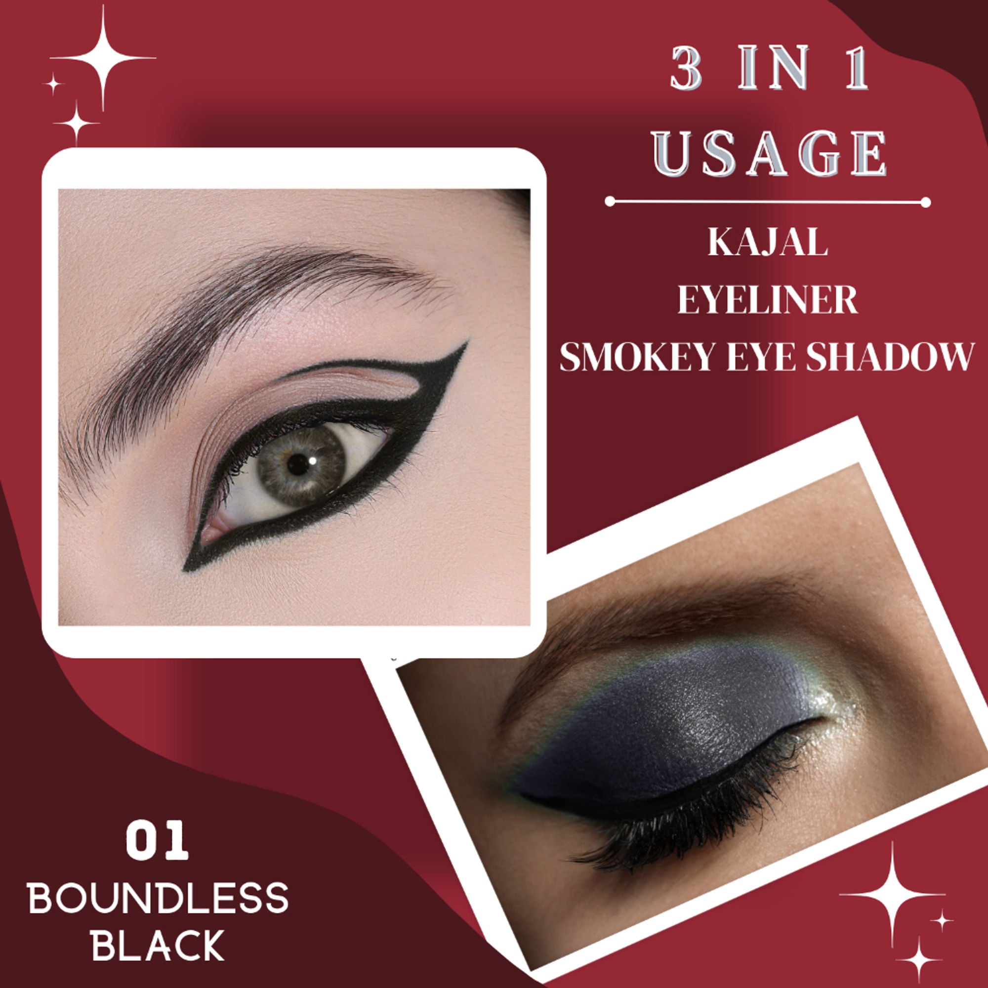KINDED Kind Eyes Kajal 3 In 1 Kohl Kajal Eye Liner Smokey Eye Shadow - 01 Boundless Black