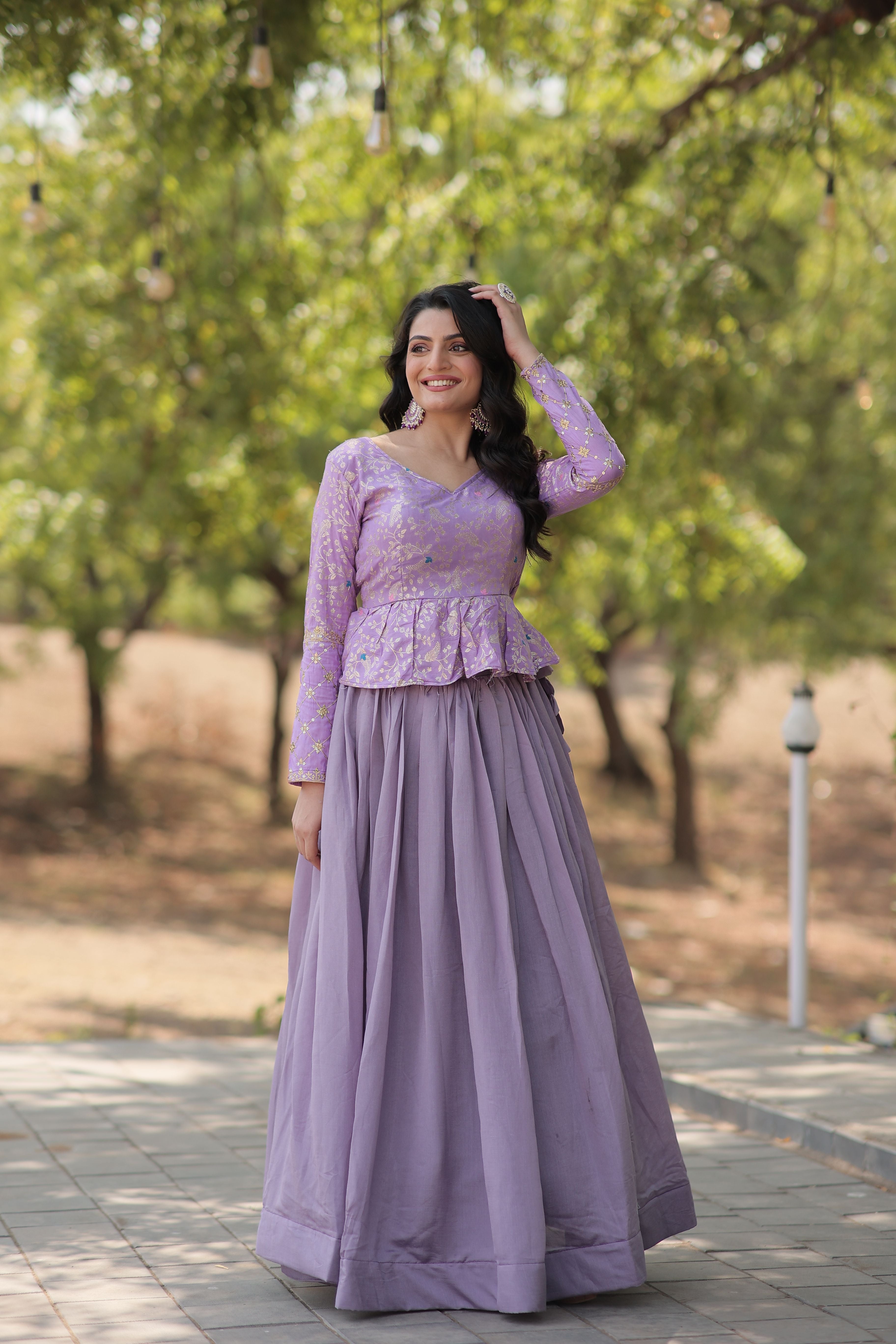Aastha fashion  Lavender Shimmer Vichitra Lehenga  Viscose Jacquard  blouse fabric embroidery work