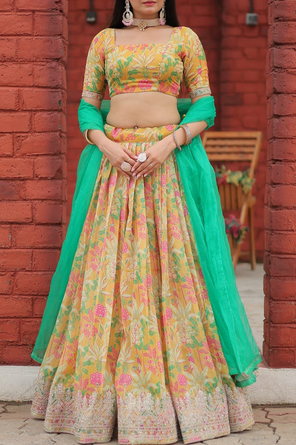 Aastha fashion multi color viscose tebbi organza lehanga blouse fabric embroidery work