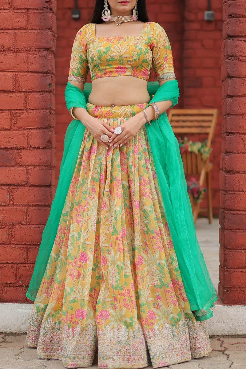 Aastha fashion multi color viscose tebbi organza lehanga blouse fabric embroidery work